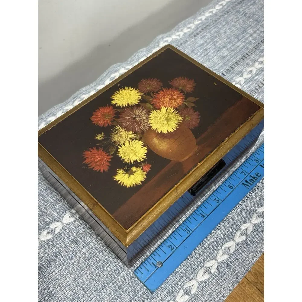 Vintage 1970s Wood Jewelry Box Floral Lid Etched Mirror Gold Lined Keepsake